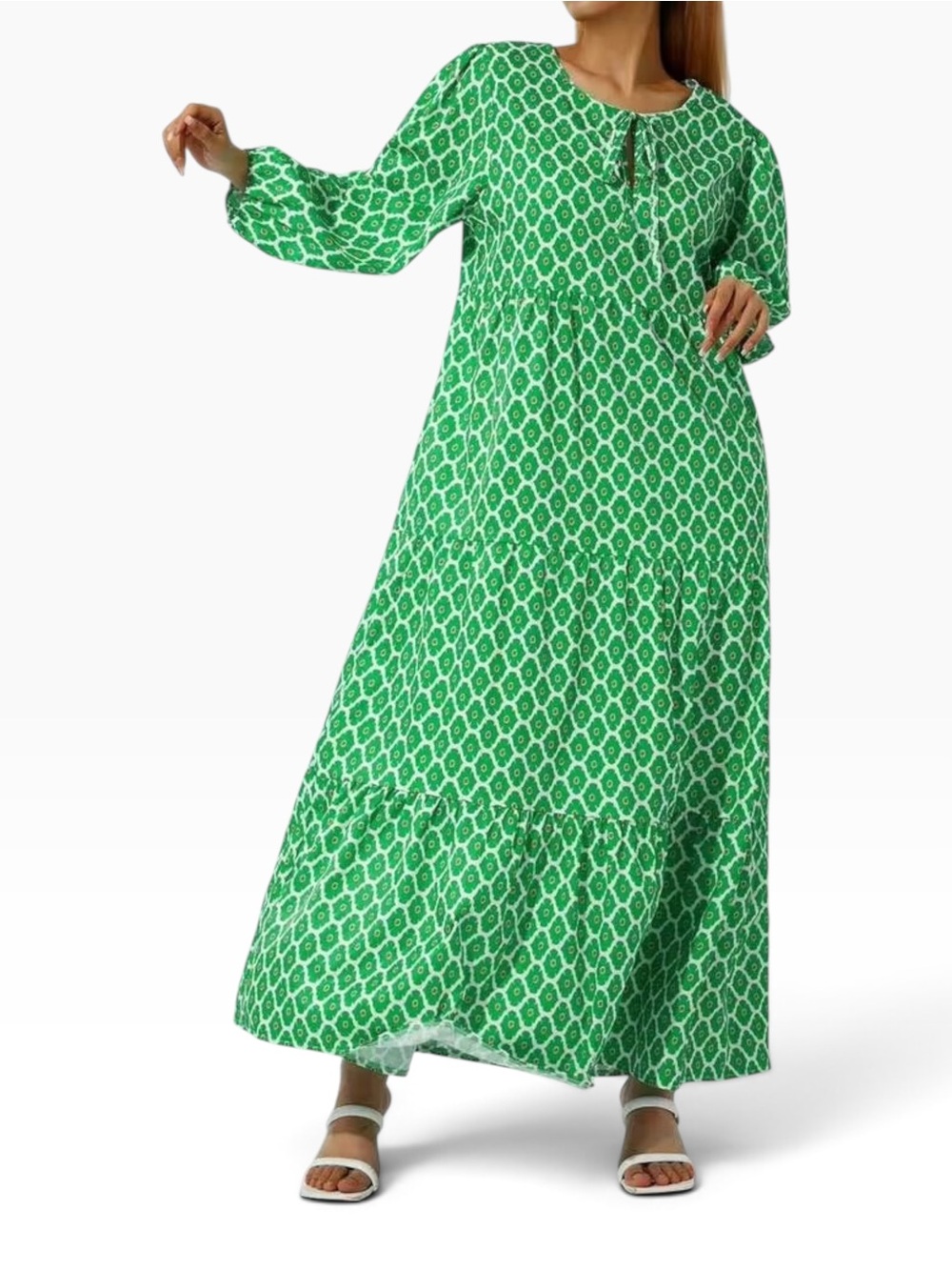 Boho Green & White Geometric Print Half-Sleeve Tiered Maxi Dress - Picture 6 of 14